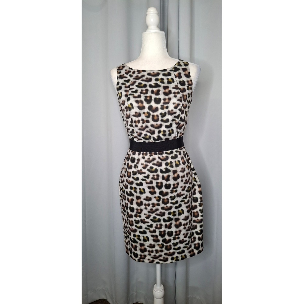 Ann Taylor Petite Leopard Print Sheath Dress Black Waistband 4P Sleeveless - Picture 2 of 12